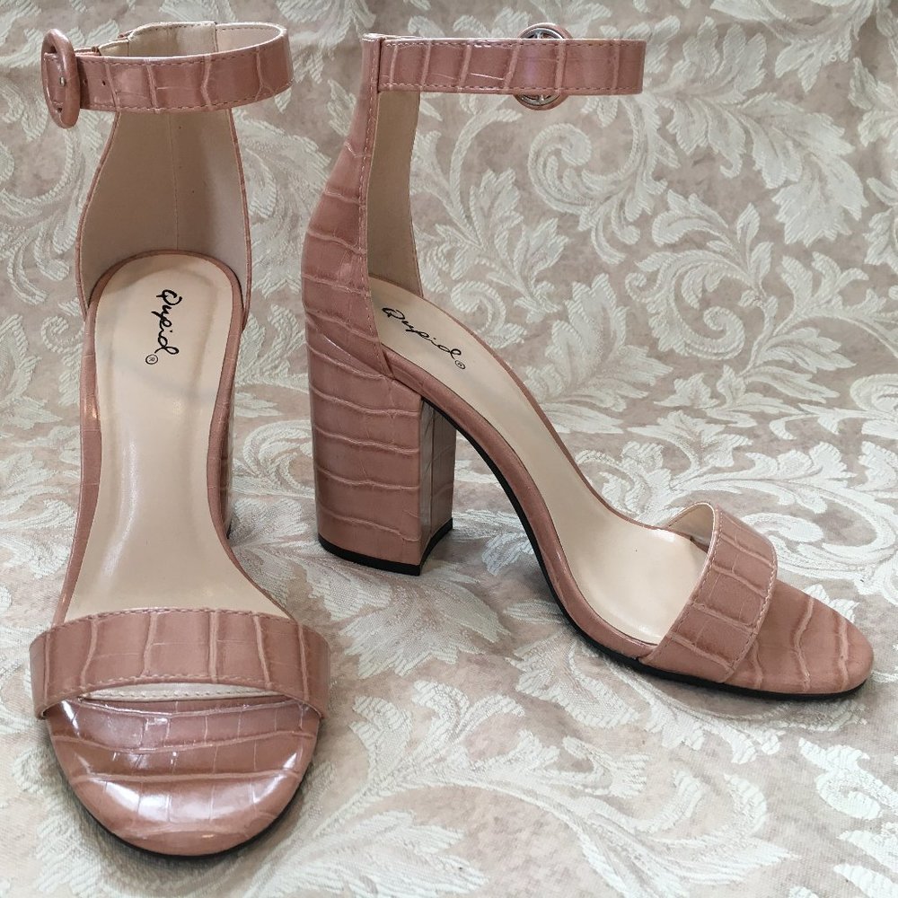 Qupid Nude Crocodile Block Heel